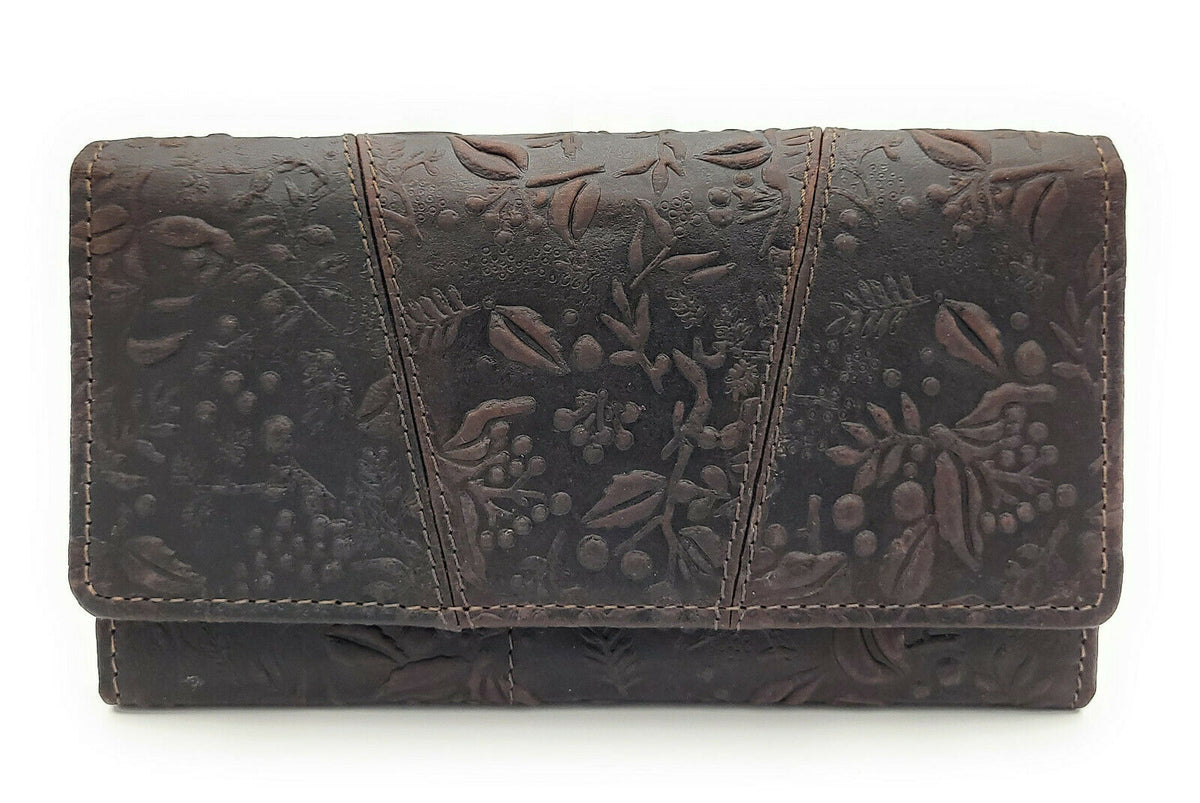 Hill Burry echt Leder Damen Geldbörse Portemonnaie floral mit RFID NFC Schutz schoko braun