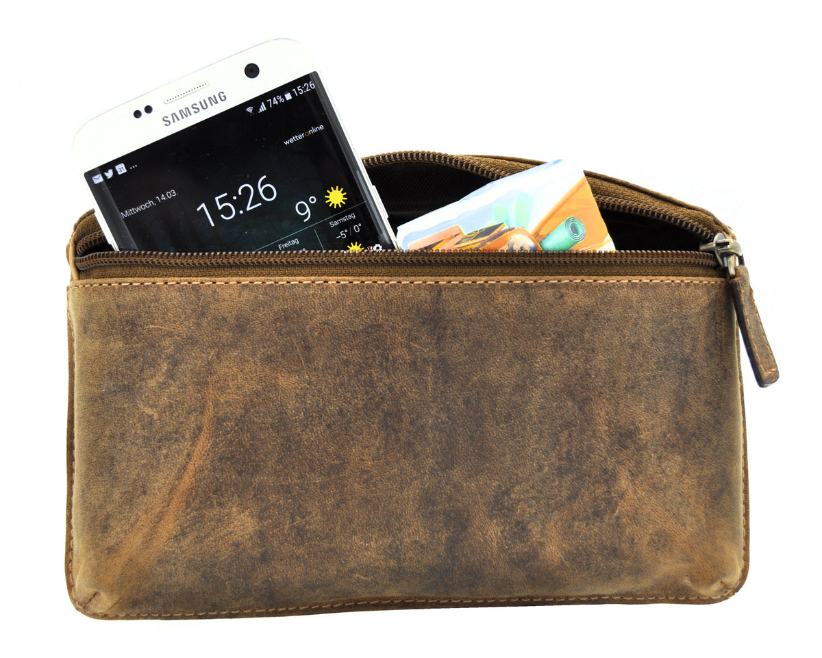 Jockey Club Echt Leder Gürteltasche flach Vintage – Hunterleder braun, handgefertigt, Belt Bag für Smartphones bis 6,2"
