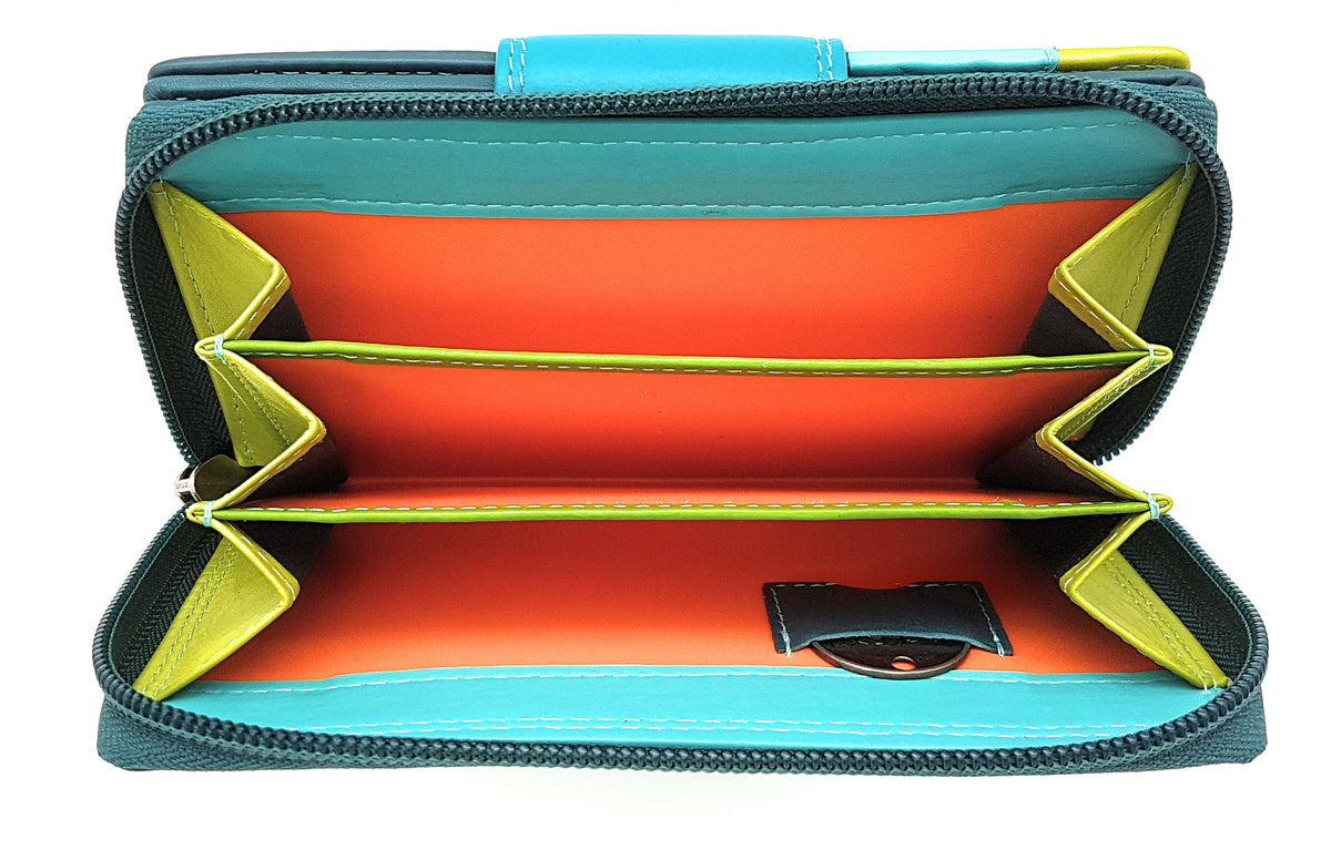 Jockey Club Damen Geldbörse Rio | Echt Rindnappaleder | RFID Schutz | Hochformat blau-türkis