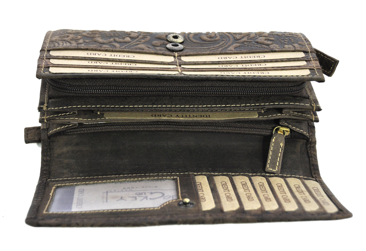 Jockey Club Damengeldbörse, Portemonnaie aus Echtleder mit RFID-Schutz & Blüten-Prägung