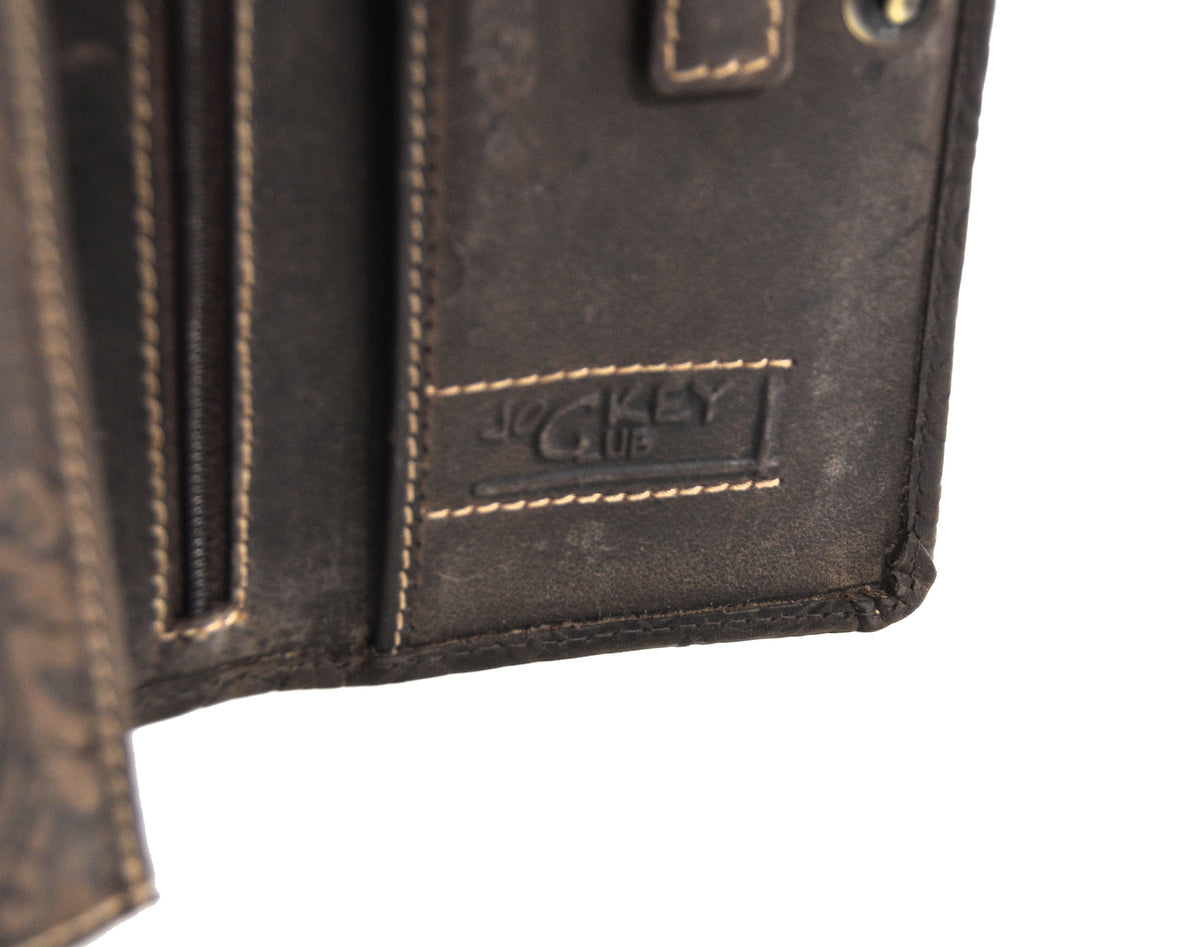 Jockey Club Damen Geldbörse lang Portemonnaie geprägtes Vollrindleder Ranken und Blüten mit RFID Schutz braun