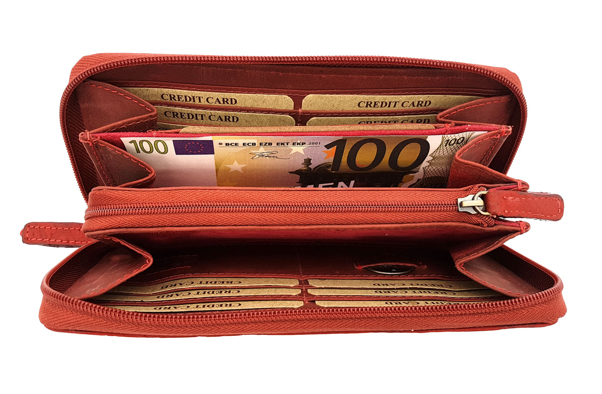 Jockey Club echt Leder Damen Reißverschluss Geldbörse Portemonnaie mit RFID Schutz rot