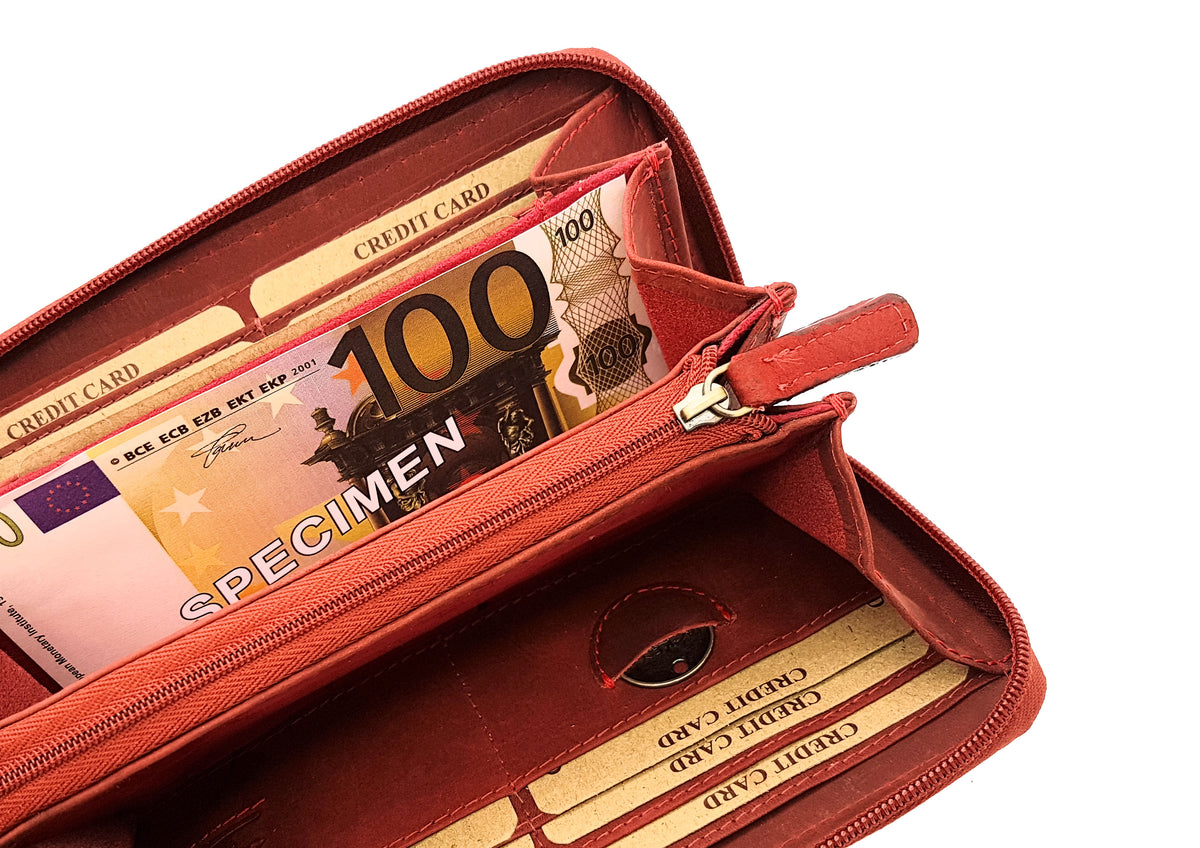 Jockey Club echt Leder Damen Reißverschluss Geldbörse Portemonnaie mit RFID Schutz rot