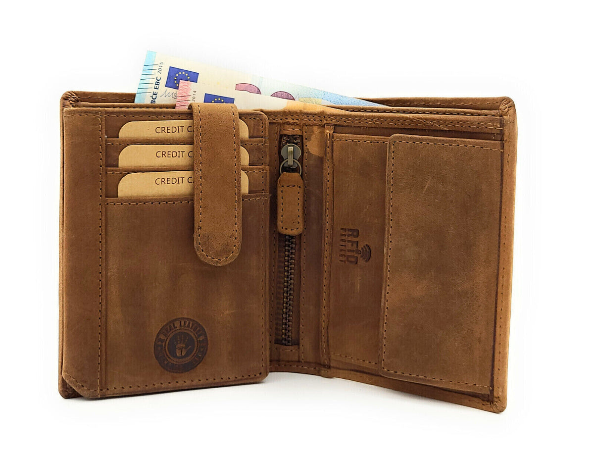 Echtleder Geldbörse Husky-Prägung | RFID-Schutz | Büffelleder Cognac