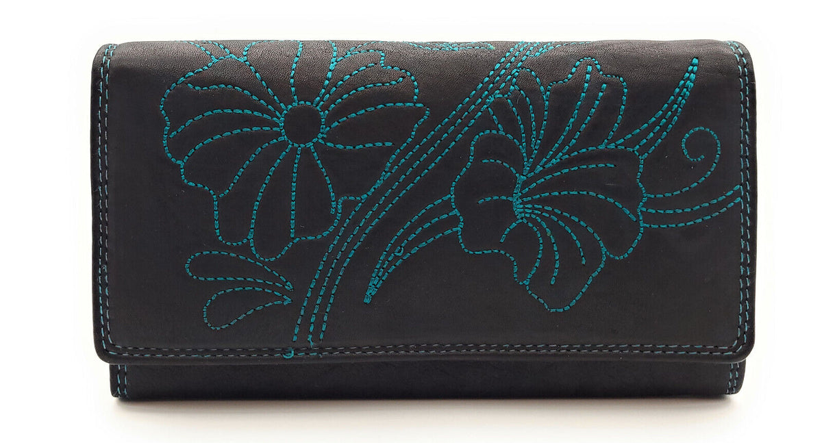 Jockey Club echt Leder Damen Geldbörse Portemonnaie mit RFID Schutz Flower petrol
