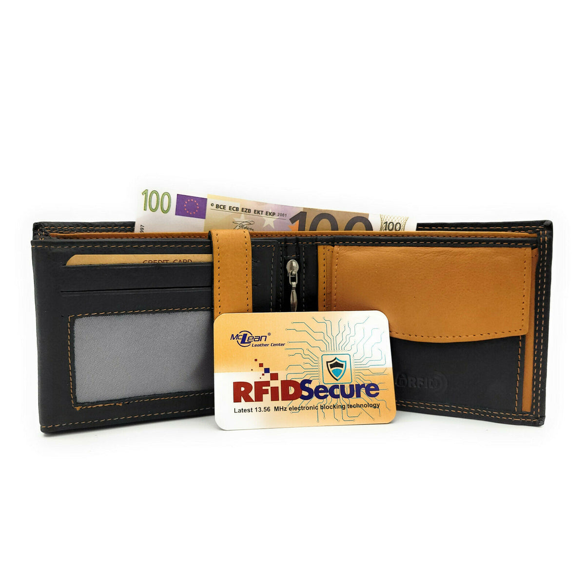 Jockey Club Basic Geldbörse Rindleder Schwarz/Hellbraun mit RFID-Schutz