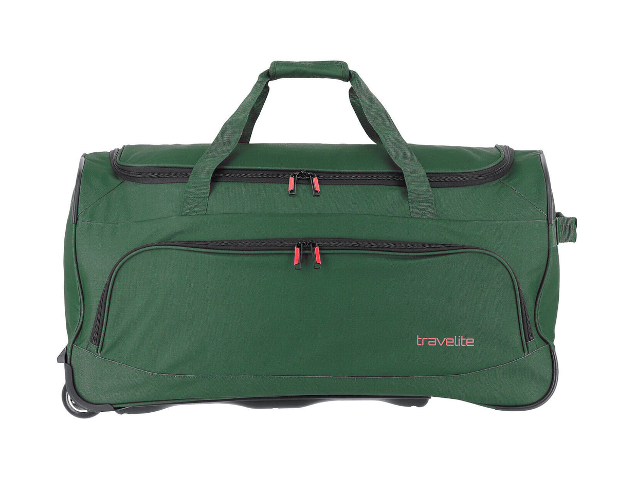 Travelite Basics Fresh Rollenreisetasche Dunkelgrün, 89 Liter, mit zwei Rollen und Teleskopgriff