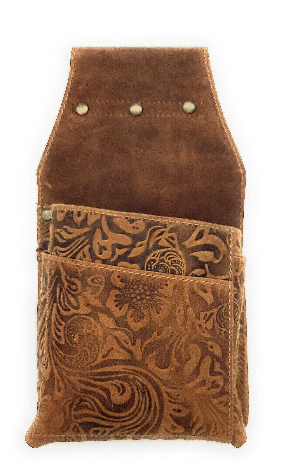 Jockey Club Kellner Holster | Kellnertasche & Köcher aus echt Leder – floral geprägt, cognac braun
