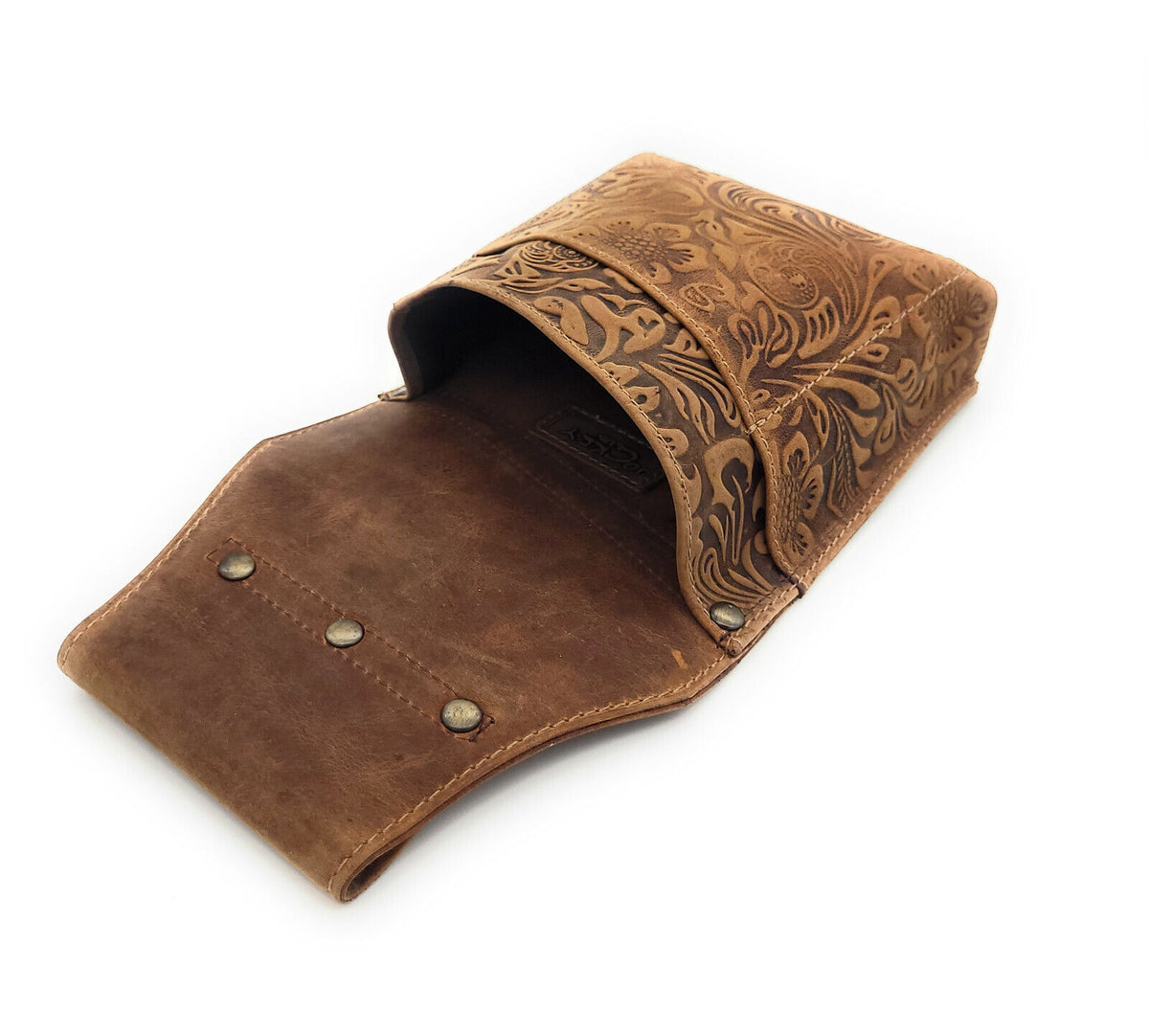 Jockey Club Kellner Holster | Kellnertasche & Köcher aus echt Leder – floral geprägt, cognac braun