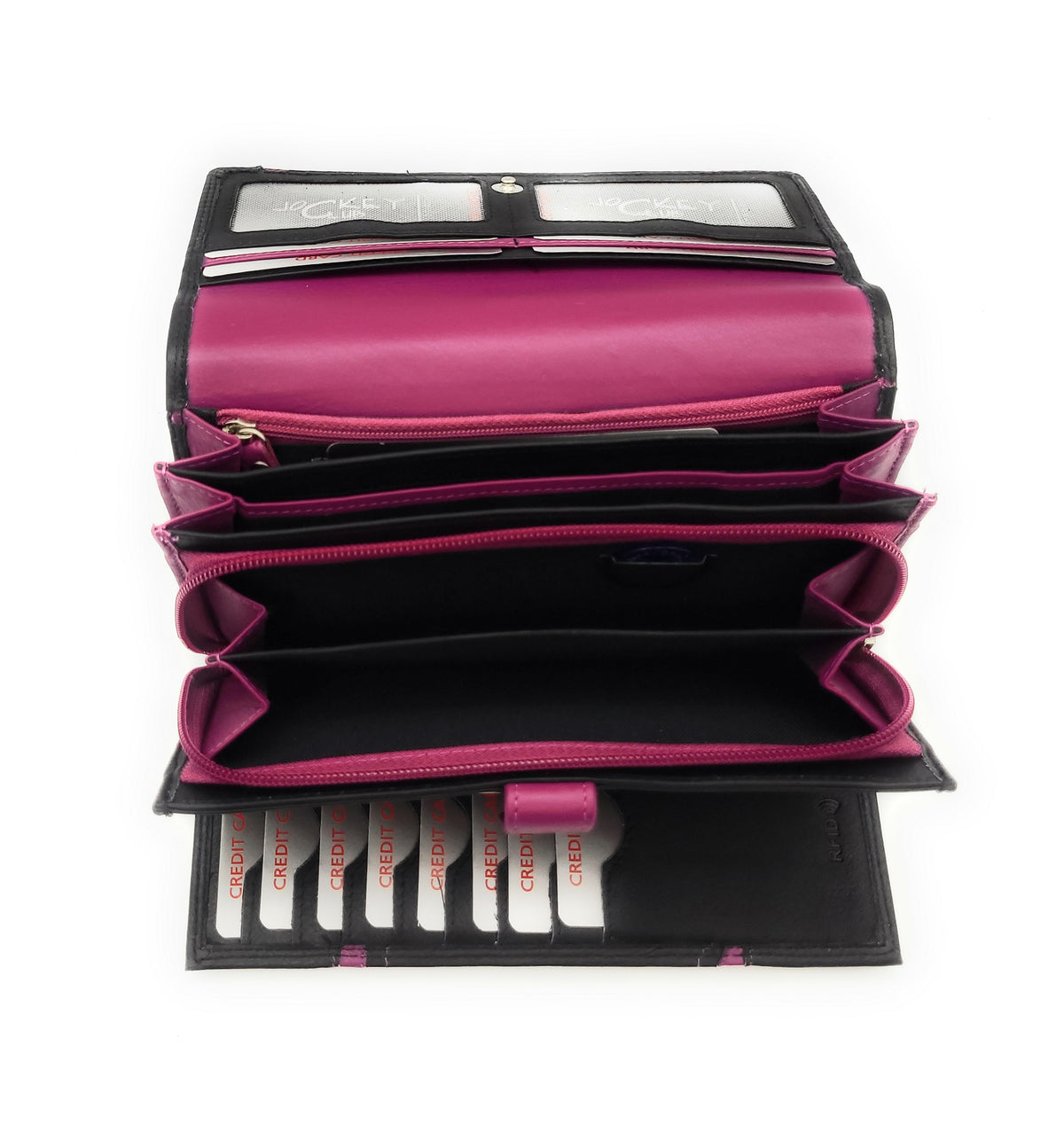 Jockey Club XL echt Leder Damen Geldbörse Portemonnaie 16 Kartenfächer mit RFID Schutz schwarz pink