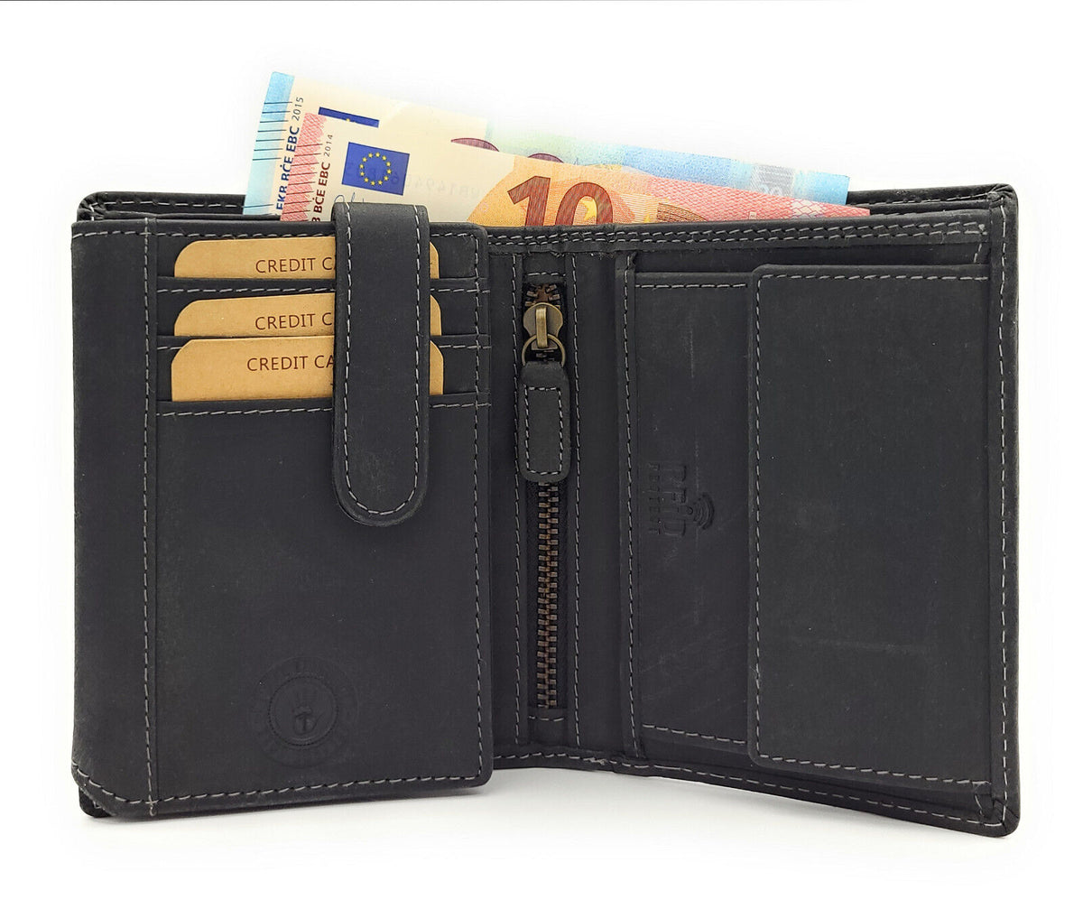 echt Leder Geldbörse Portemonnaie heulender Wolf Mond mit RFID NFC Schutz black