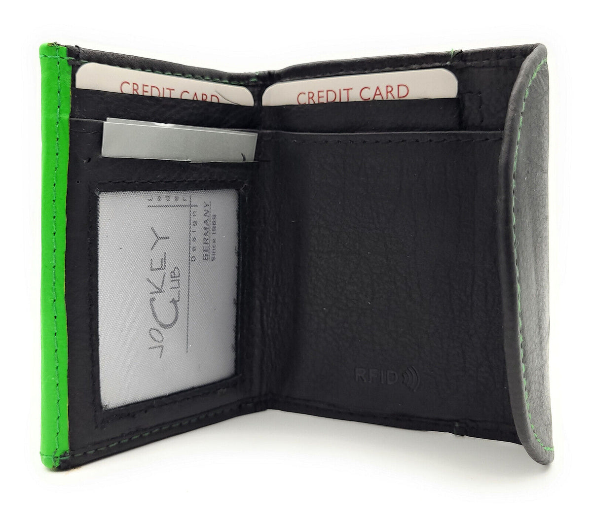 Jockey Club echt Leder Mini Geldbörse Wickelbörse Urlaubsbörse mit RFID Schutz schwarz limette