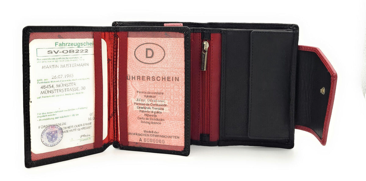 Jockey Club hochwertige Damen Geldbörse aus Echtleder mit RFID Schutz & Diagonalriegel – Handgefertigte Lederbörse mit vielen Fächern schwarz rot