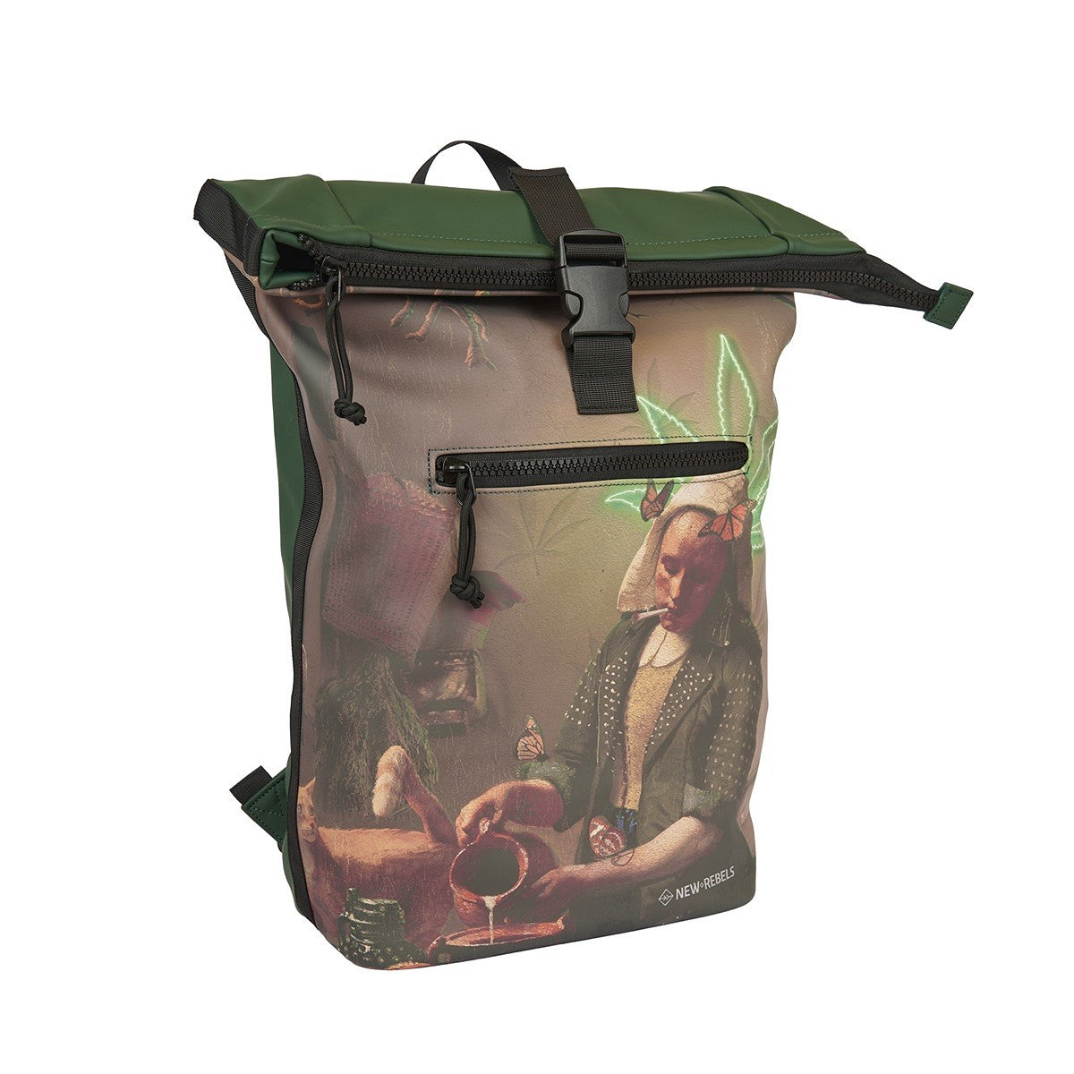 New Rebels Milkmaid Rolltop-Rucksack mit Hanfblatt-Motiv