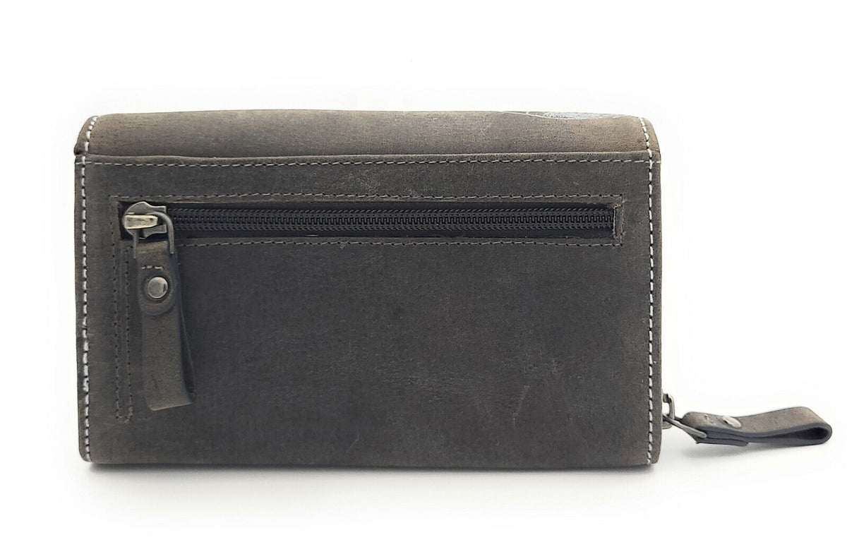 Jockey Club Geldbörse Büffelleder RFID-Schutz Totenkopf Design Grau