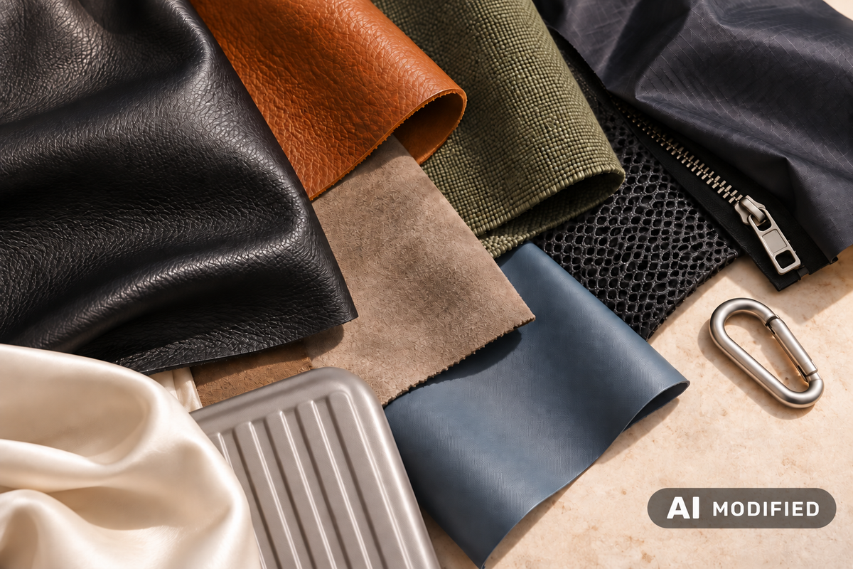Leder-, Stoff- und Kunststoffmuster mit unterschiedlichen Oberflächen für die Materialkunde von taschenvertrieb.live.