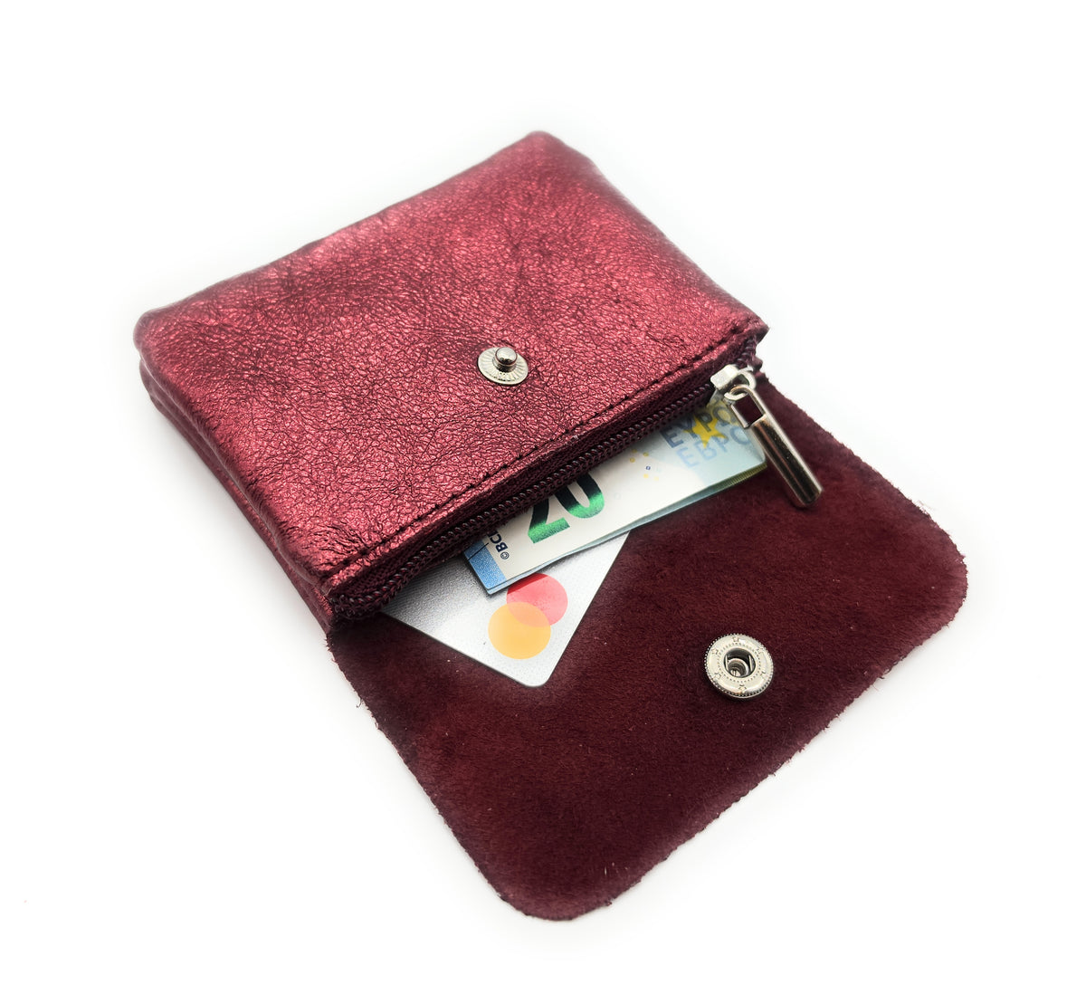 Mini Geldbörse aus echtem Rindleder – kompaktes Leder Portemonnaie Made in Italy bordeaux metallic