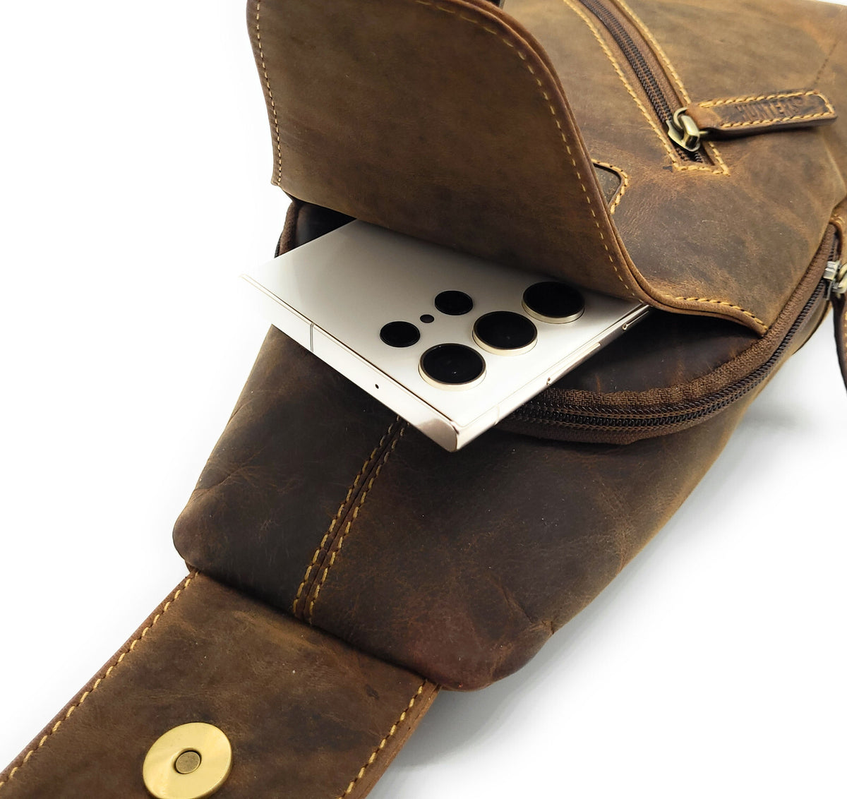 Crossbag / Slingbag aus echtem Hunterleder – Umhängetasche mit Reißverschlussfächern & verstellbarem Gurt, Vintage-Look, für Damen & Herren