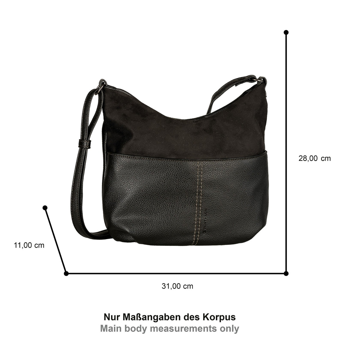 Tom Tailor Cross Bag M Miha – Mittelgroße Umhängetasche mit Reißverschlussfächern, Velours- & Lederimitat, 31x11x28 cm schwarz