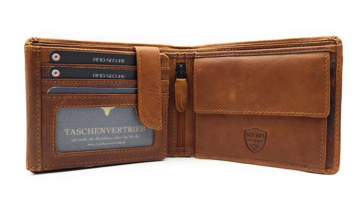 Jockey Club klassische echt Leder Geldbörse Portemonnaie mit RFID Schutz gewachstes Rindleder cognac