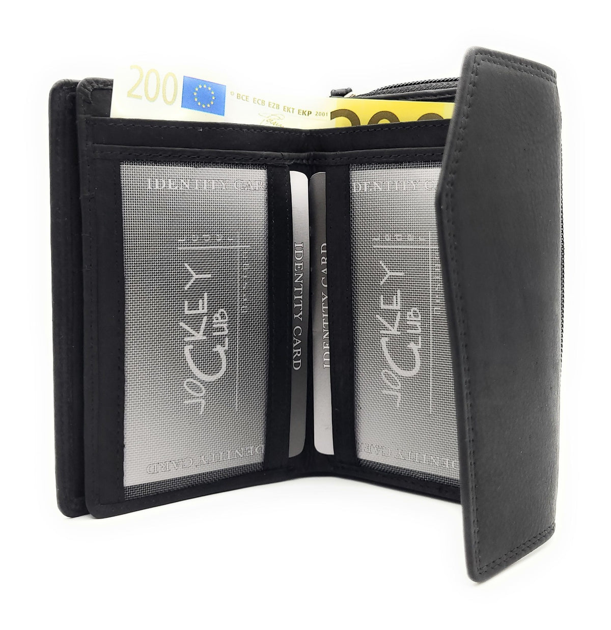 Jockey Club Geldbörse aus echtem Rindleder im Triangel-Design mit Druckknopf-Überschlag, RFID-Schutz, 9 Kartenfächern, Sichtfächern, Münzfach & Doppelnaht schwarz