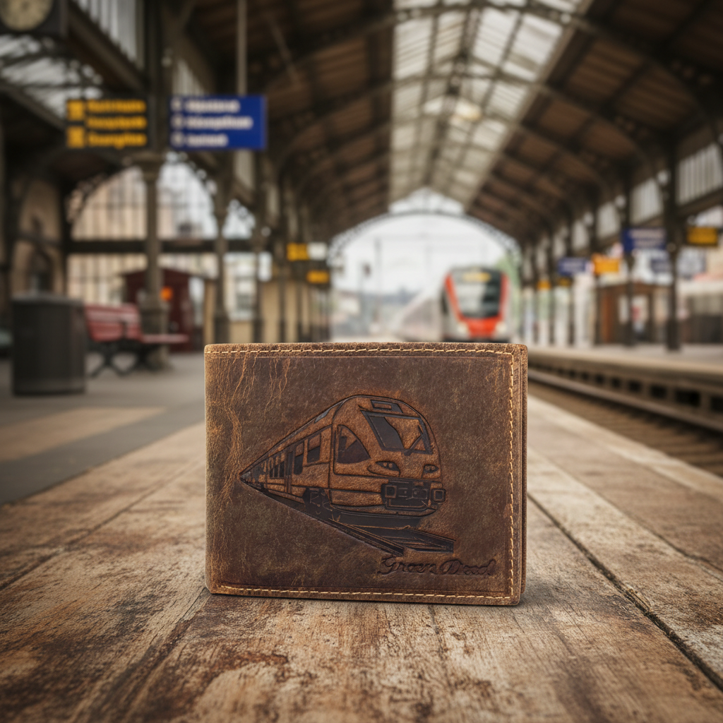 Green Deed Geldbörse aus Hunterleder – Dunkelbraun mit geprägtem Zug-Motiv, RFID-Schutz & Geschenkbox