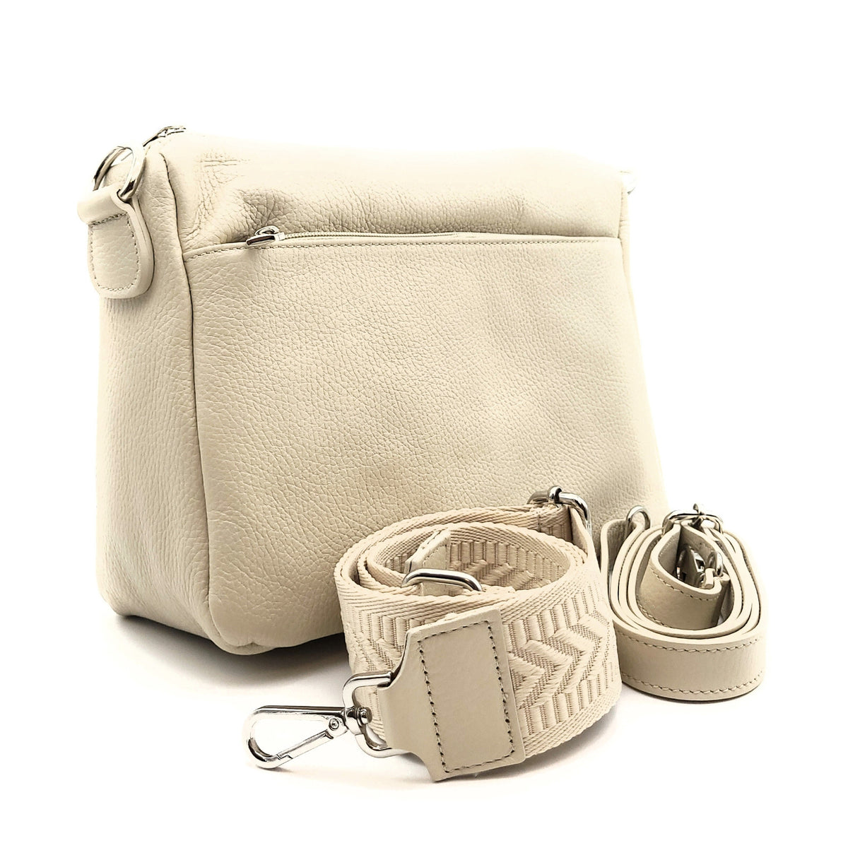 Kleine Handtasche aus echtem Leder – Made in Italy – mit 2 abnehmbaren Schultergurten & silbernen Details – Cremeweiß