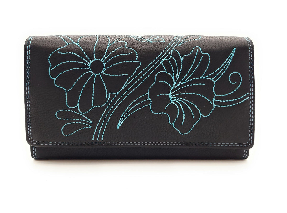 Jockey Club echt Leder Damen Geldbörse Portemonnaie mit RFID Schutz Flower blau
