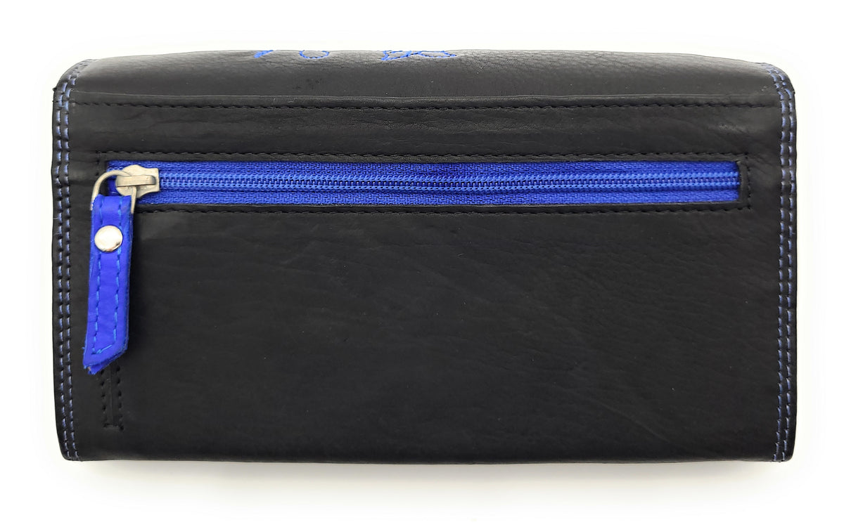 Jockey Club echt Leder Damen Geldbörse Portemonnaie mit RFID Schutz Flower royal-blau