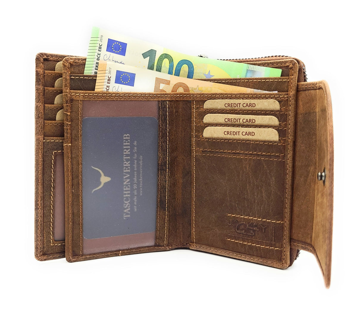 Jockey Club XL Damen Geldbörse Hunterleder Braun – RFID-Schutz, viele Fächer, Außenriegel