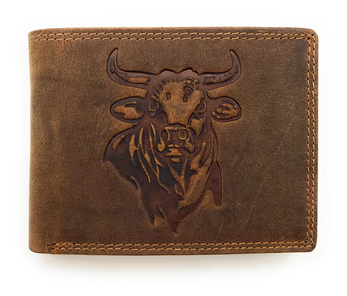 Lemasi Büffelleder Unisex Geldbörse mit Stier-Prägung - RFID Schutz - 16 Fächer - Hunterleder Querformat