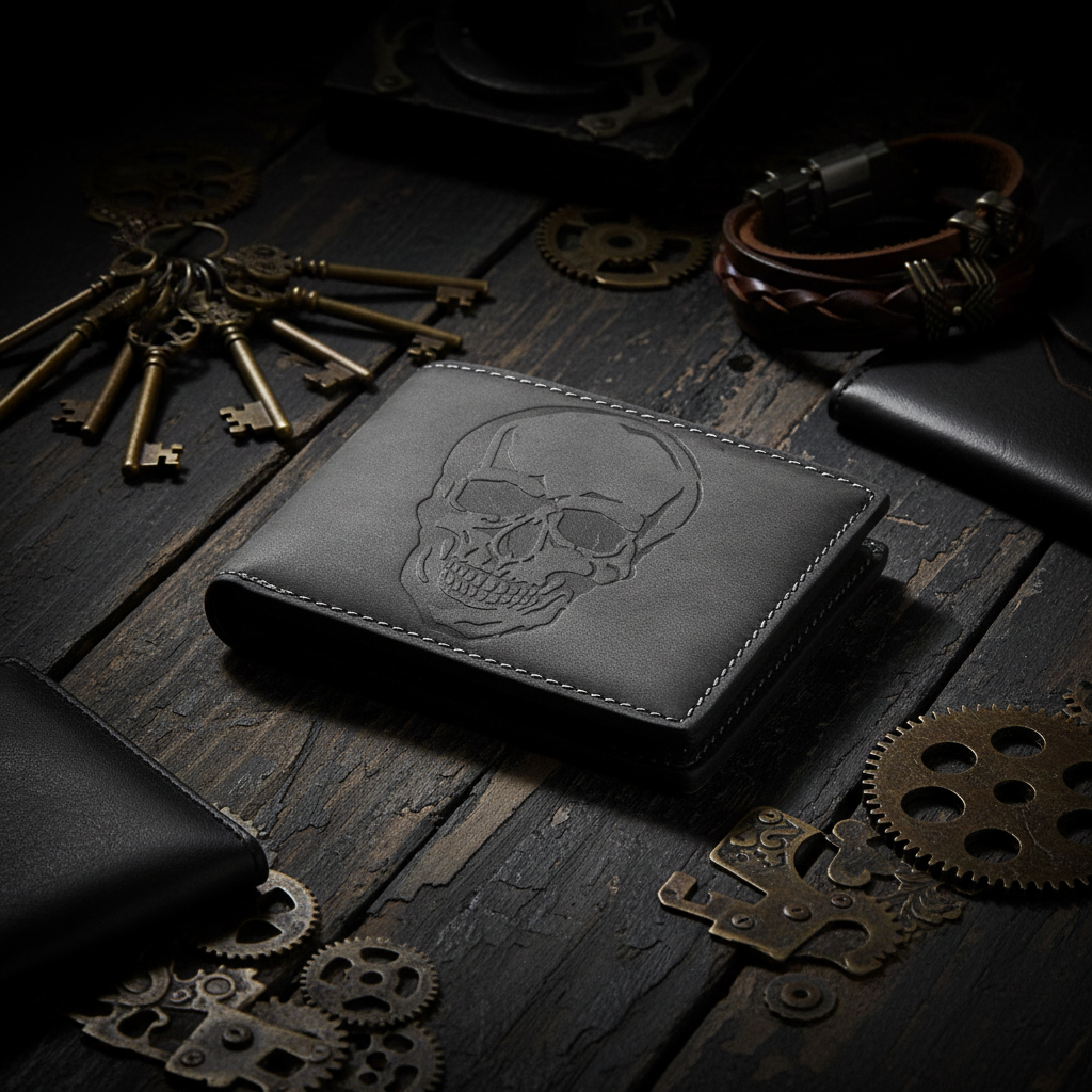 Jockey Club Totenkopf-Geldbörse aus Hunterleder mit RFID und Kettenöse