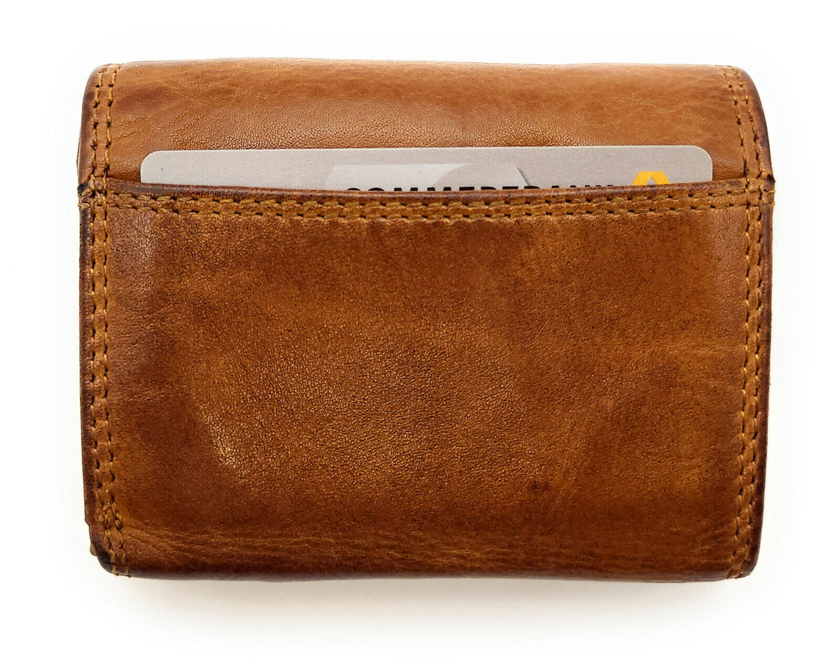 Hill Burry Mini Geldbörse Damen aus echtem Waschleder mit RFID-Schutz – Cognac
