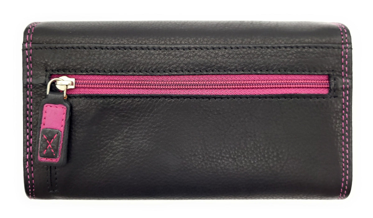 Jockey Club Echt Leder Damen Geldbörse RFID Schutz – Portemonnaie Bicolor Schwarz/Beere – Viele Fächer, Druckknopf, Reißverschluss, großes Münzfach