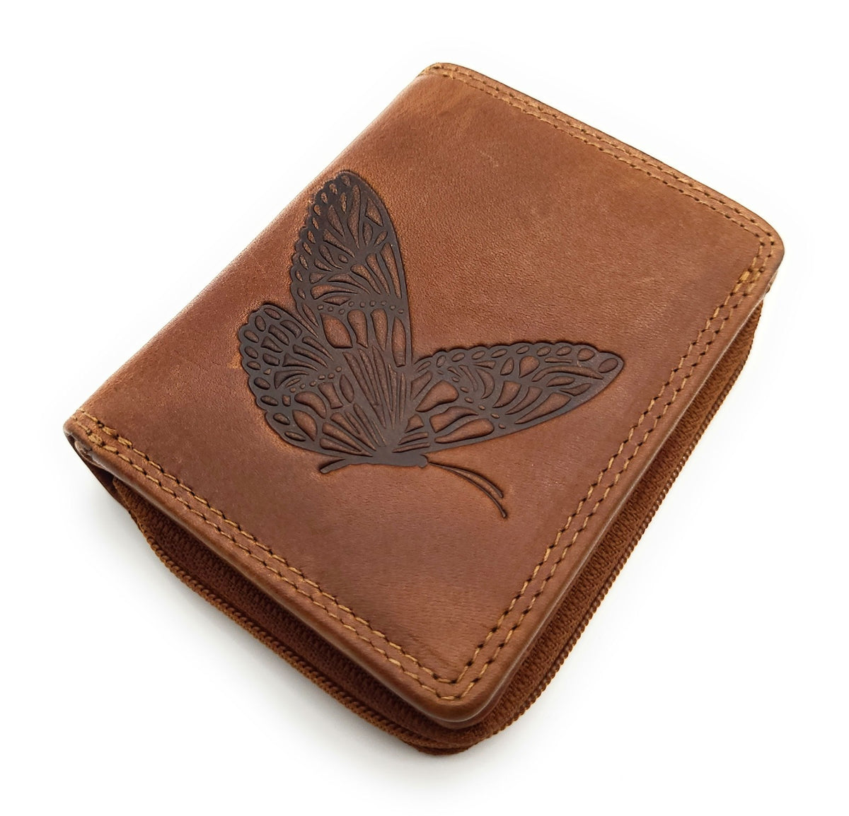 Jockey Club RFID Leder-Geldbörse mit Schmetterlingsprägung – kleine Damenbörse mit Reißverschluss & Chipfach cognac braun