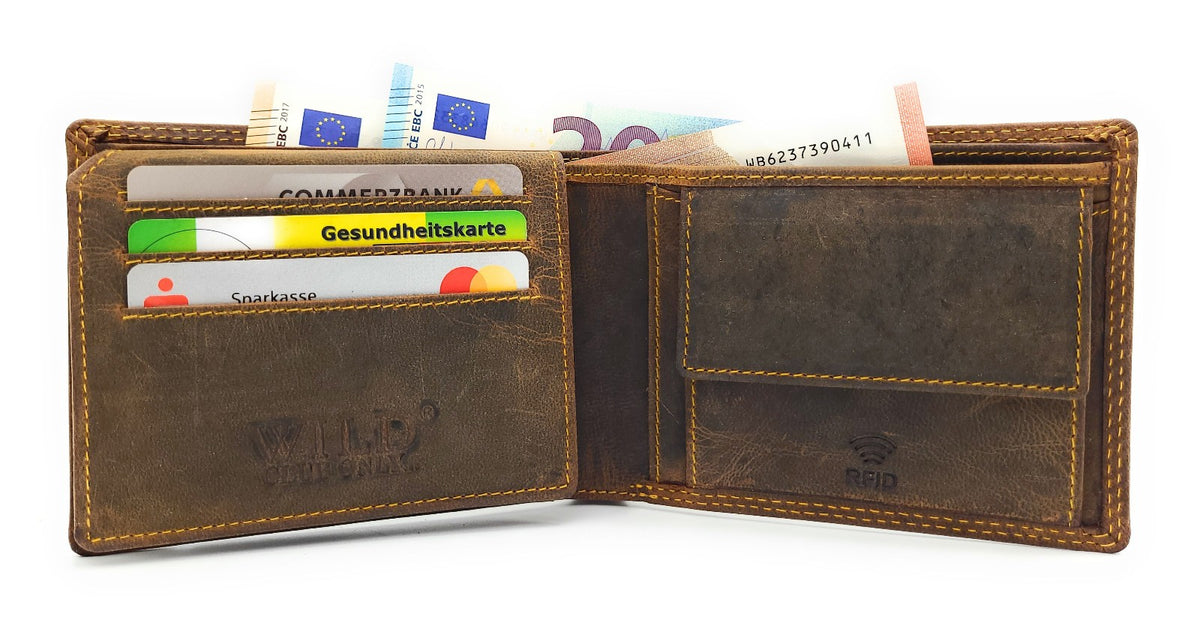 Hunterleder Portemonnaie Querformat mit RFID-Schutz – 6 Kartenfächer, Münzfach, Doppelnaht braun