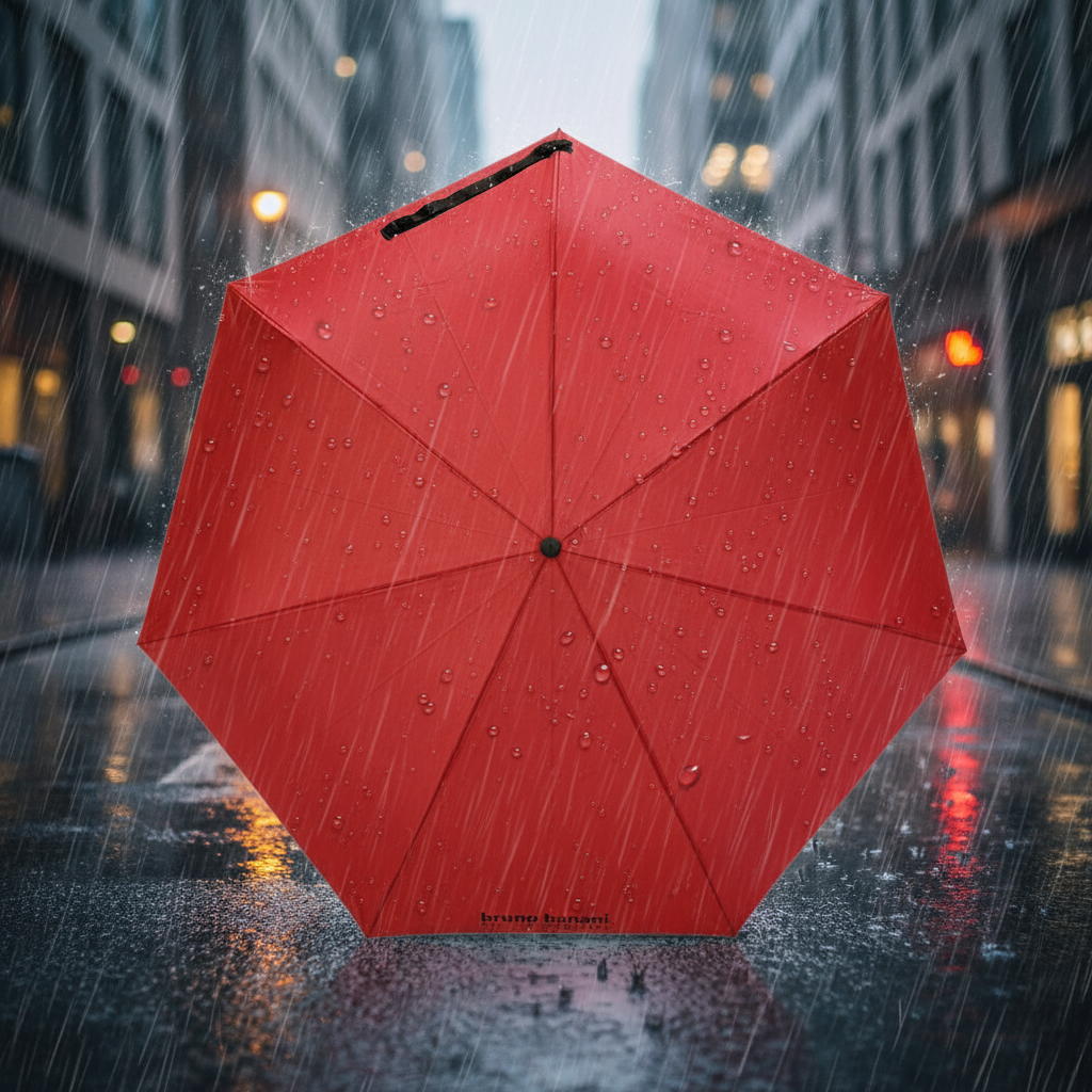 bruno banani Regenschirm Shorty – Handöffner, 7-teiliges Gestell, Polyester Pongee, mattierter Griff mit Logodruck, Schirmdach mit schwarzer Borte, Hülle mit Reißverschluss Rot