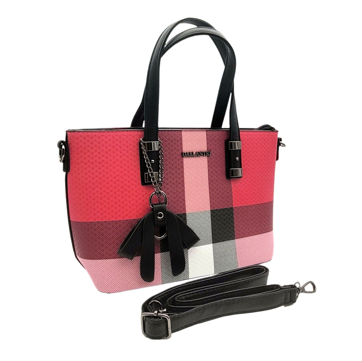 Elegante Damen Handtasche in Fuchsia | Kariert mit Schulterriemen