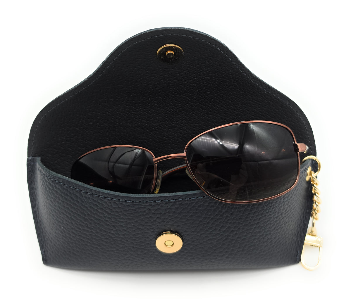 Brillenetui aus echtem Leder mit Magnetverschluss und Karabinerkette – Made in Italy navy
