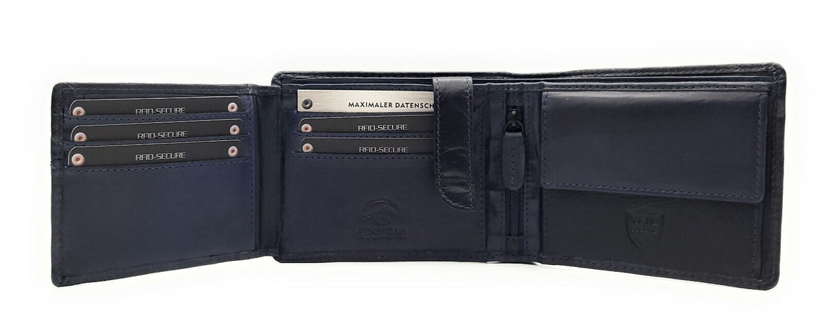 Jockey Club klassische echt Leder Geldbörse Portemonnaie mit RFID Schutz gewachstes Rindleder navy blau