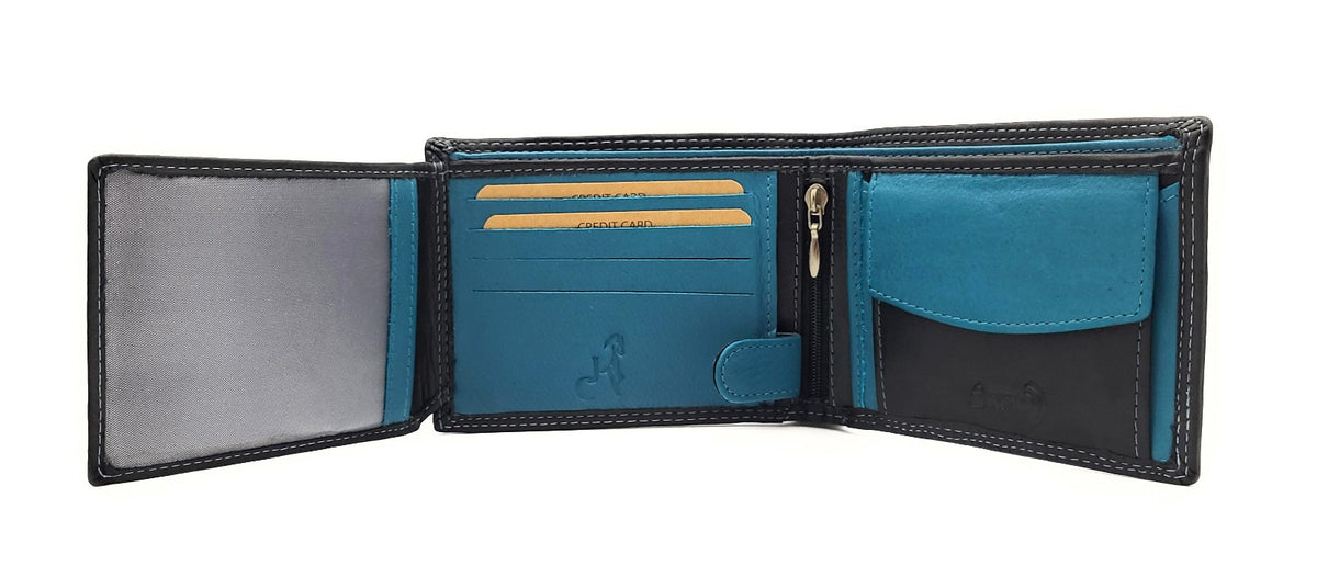 Jockey Club Basic Geldbörse aus Rindleder mit RFID-Schutz, Reißverschlussfach, 6 Kartenfächern, 2 Sicht- & 2 Einsteckfächern, Münzfach & Doppelnaht schwarz petrol