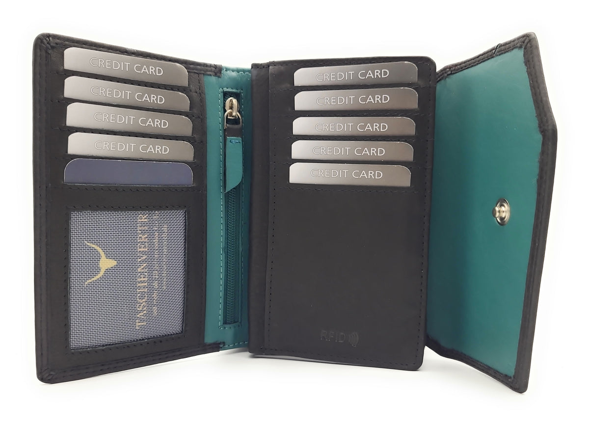 Jockey Club Leder-Geldbörse mit RFID-Schutz – Triangel-Design schwarz-petrol