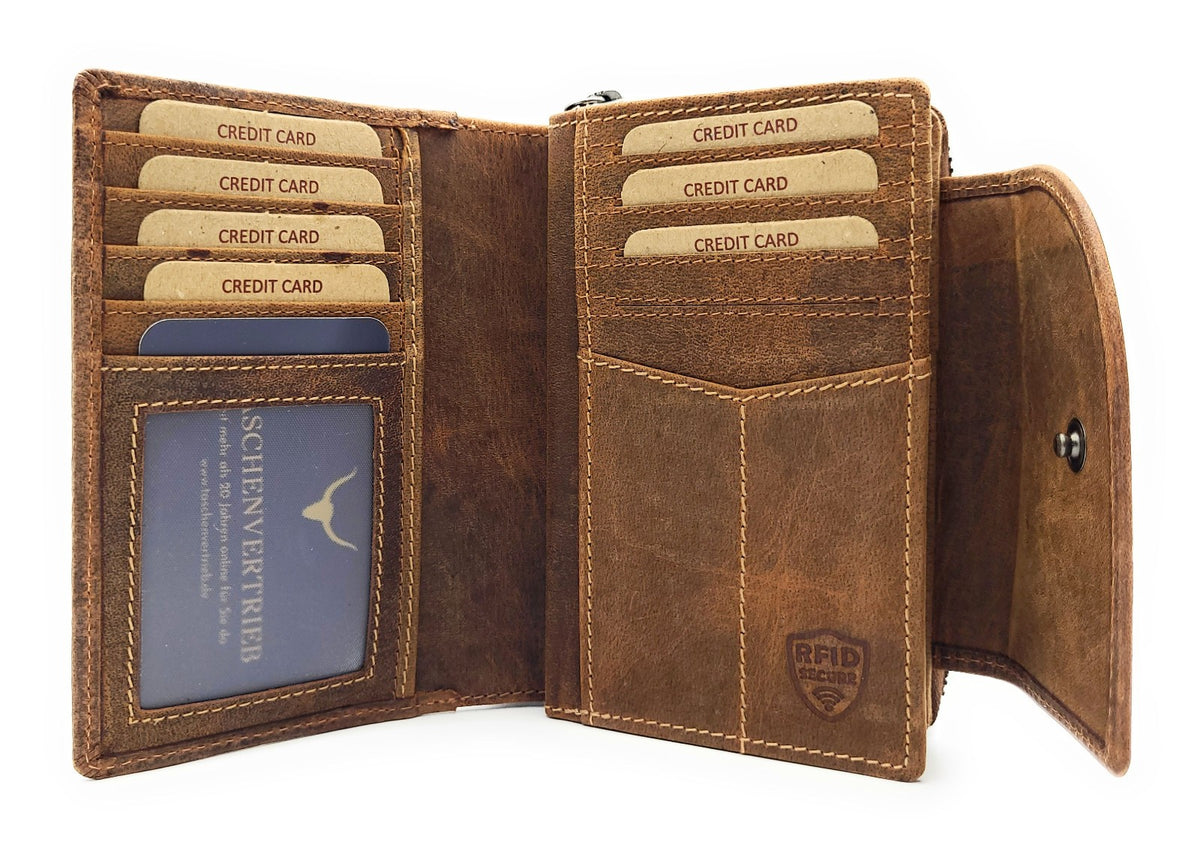Jockey Club XL Damen Geldbörse Hunterleder Braun – RFID-Schutz, viele Fächer, Außenriegel