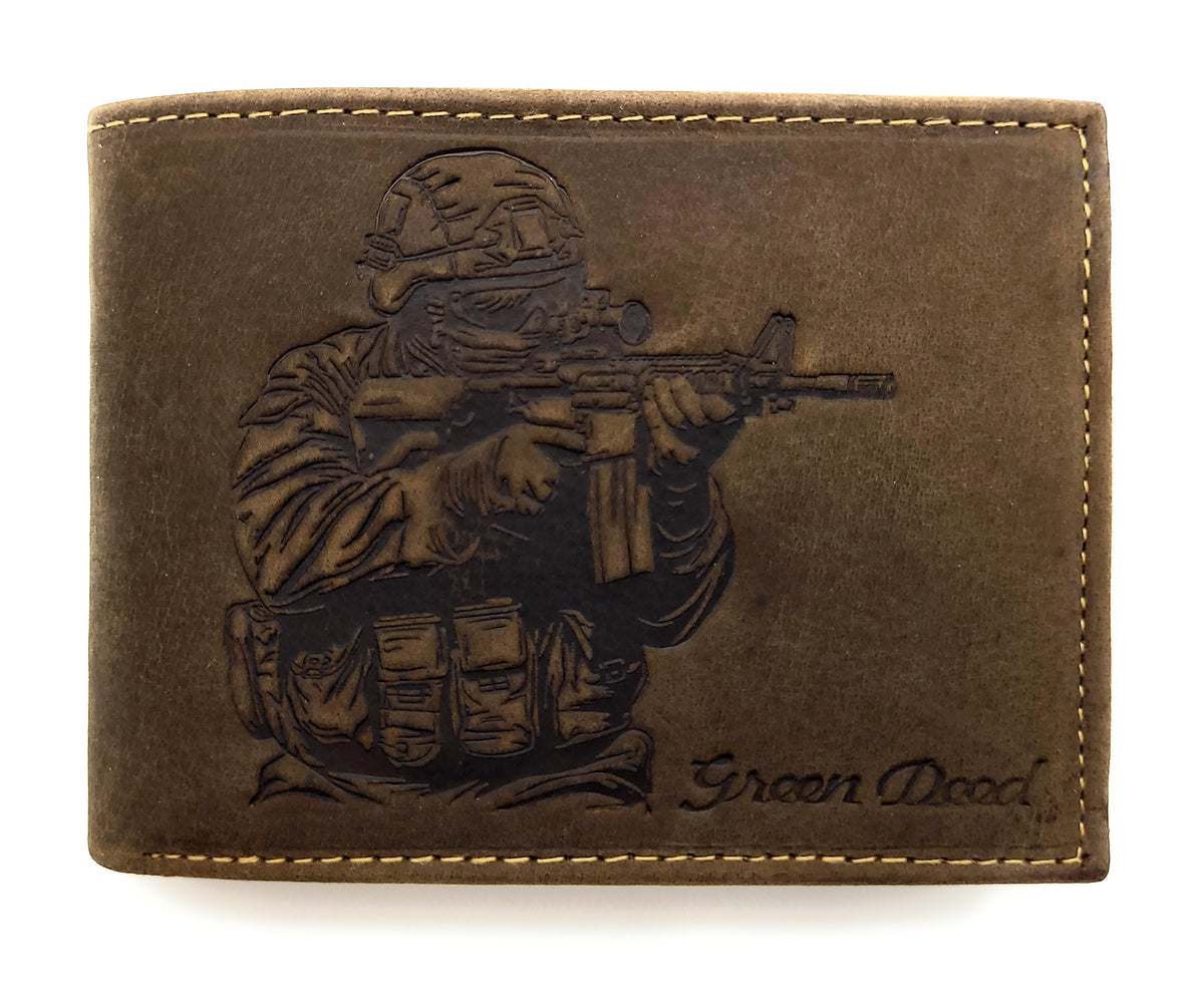Green Deed Geldbörse aus Hunterleder – Soldat Militär Motiv, dunkelbraun, RFID-Schutz & Geschenkbox