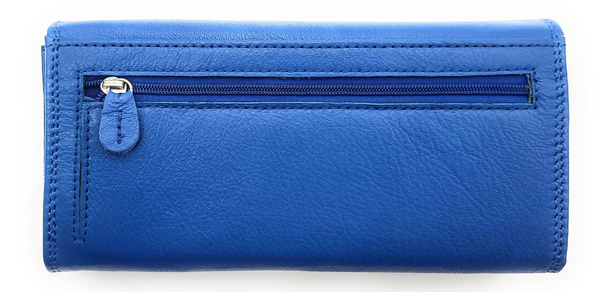 Große Damen Geldbörse aus Echtleder mit RFID-Schutz, 18 Kartenfächer, Langformat mit Münzfach & Doppelnaht blau