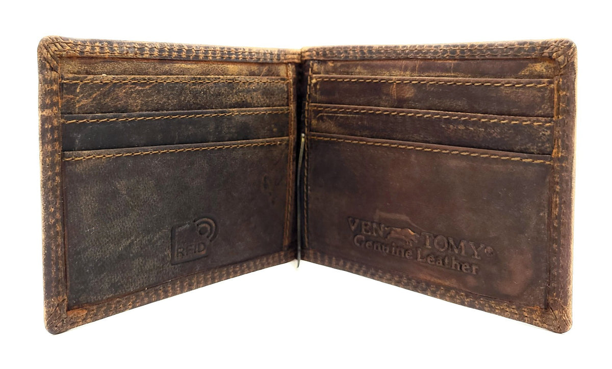Ven Tomy Dollarclip aus Hunterleder – elegante Geldbörse & Geldklammer mit 6 Kartenfächern und Reißverschlussfach für Münzen – Slim Wallet Herren