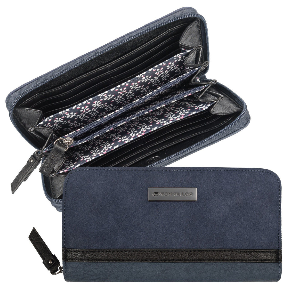 Tom Tailor Damen Geldbörse Elin – Long Zip Wallet mit 12 Kartenfächern, florales Innenfutter – 20x2,5x10,5 cm – blau