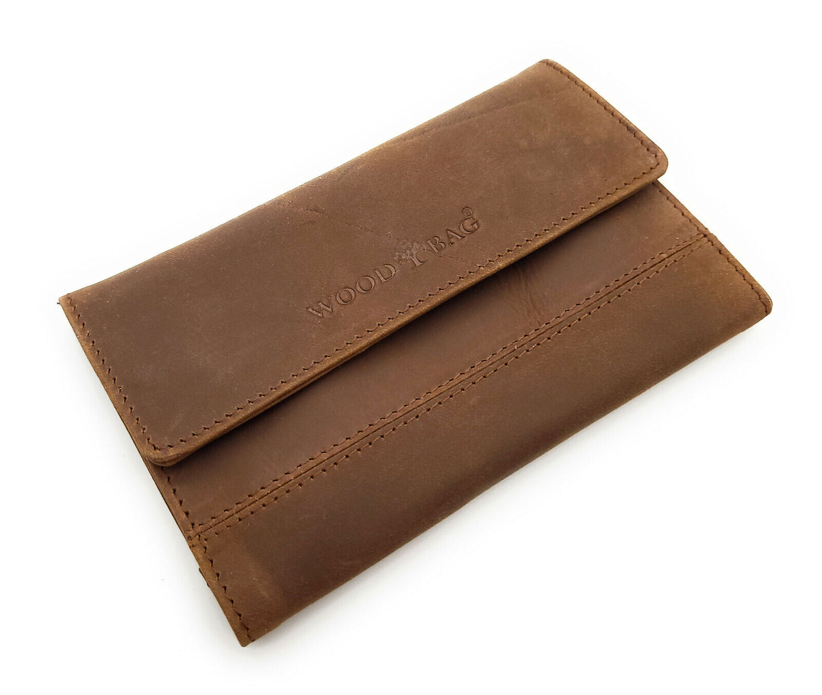 Geöffneter Wood-Bag Tabakbeutel aus Büffelleder mit Innenfächern