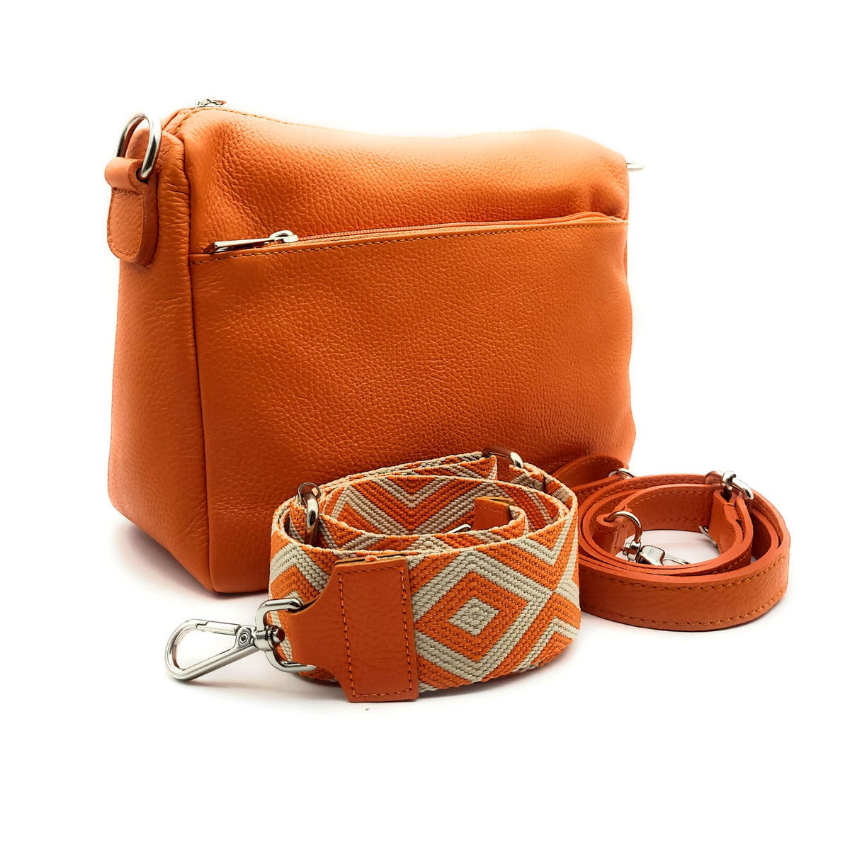 Kleine Handtasche aus echtem Leder – Made in Italy – mit 2 abnehmbaren Schultergurten & silbernen Details – Orange