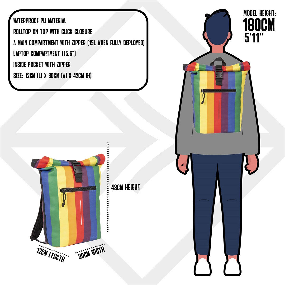 New Rebels New York Rolltop Rucksack Regenbogen – wasserabweisend, 15" Laptopfach, 15 L